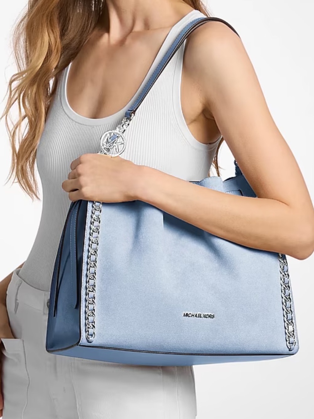 Michael Kors Mina Lg Suede Chain Shoulder Bag Pale Ocean Blue Leather NWT - Picture 4 of 16